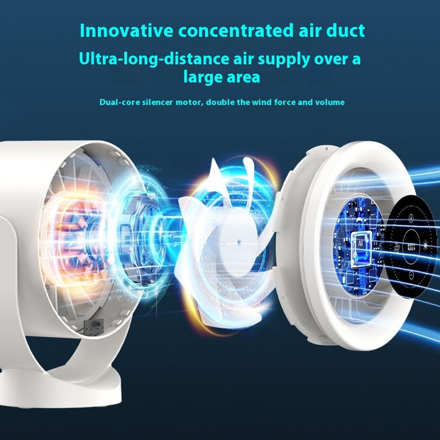 Rechargeable USB Fan with LED Light, Adjustable Airflow, Wall/Table Mount.